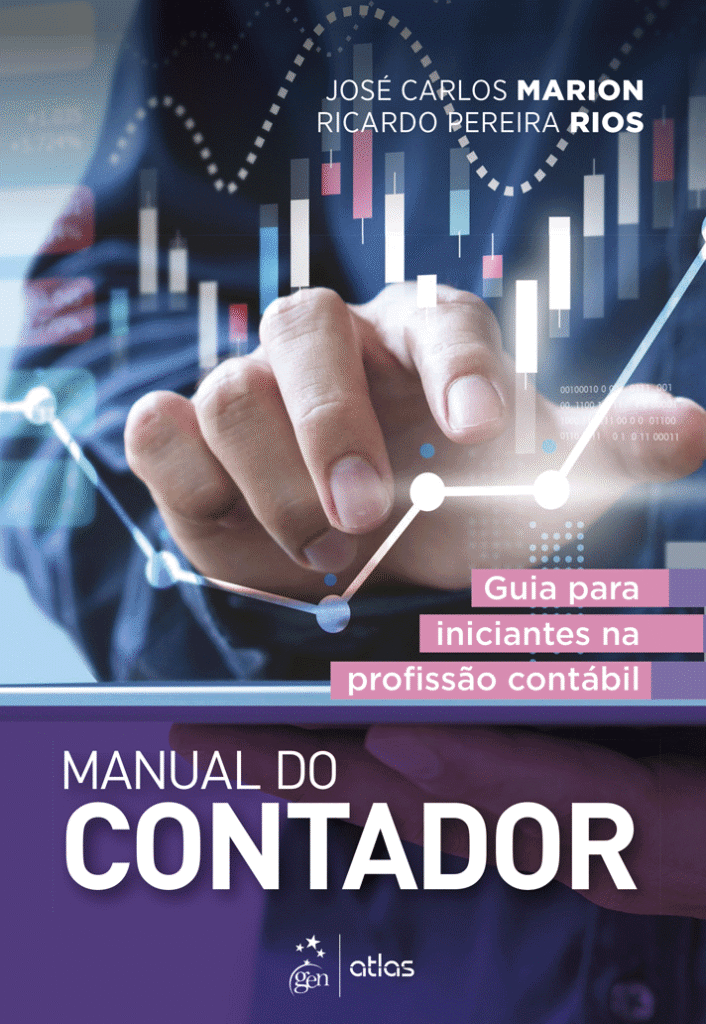 Capa do livro “Manual do Contador”, de José Carlos Marion e Ricardo Pereira Rios, com mão tocando gráfico digital e subtítulo “Guia para iniciantes na profissão contábil”.