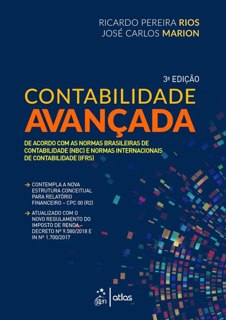 Capa do livro “Contabilidade Avançada” (3ª edição), de Ricardo Pereira Rios e José Carlos Marion; fundo azul com mosaico colorido.